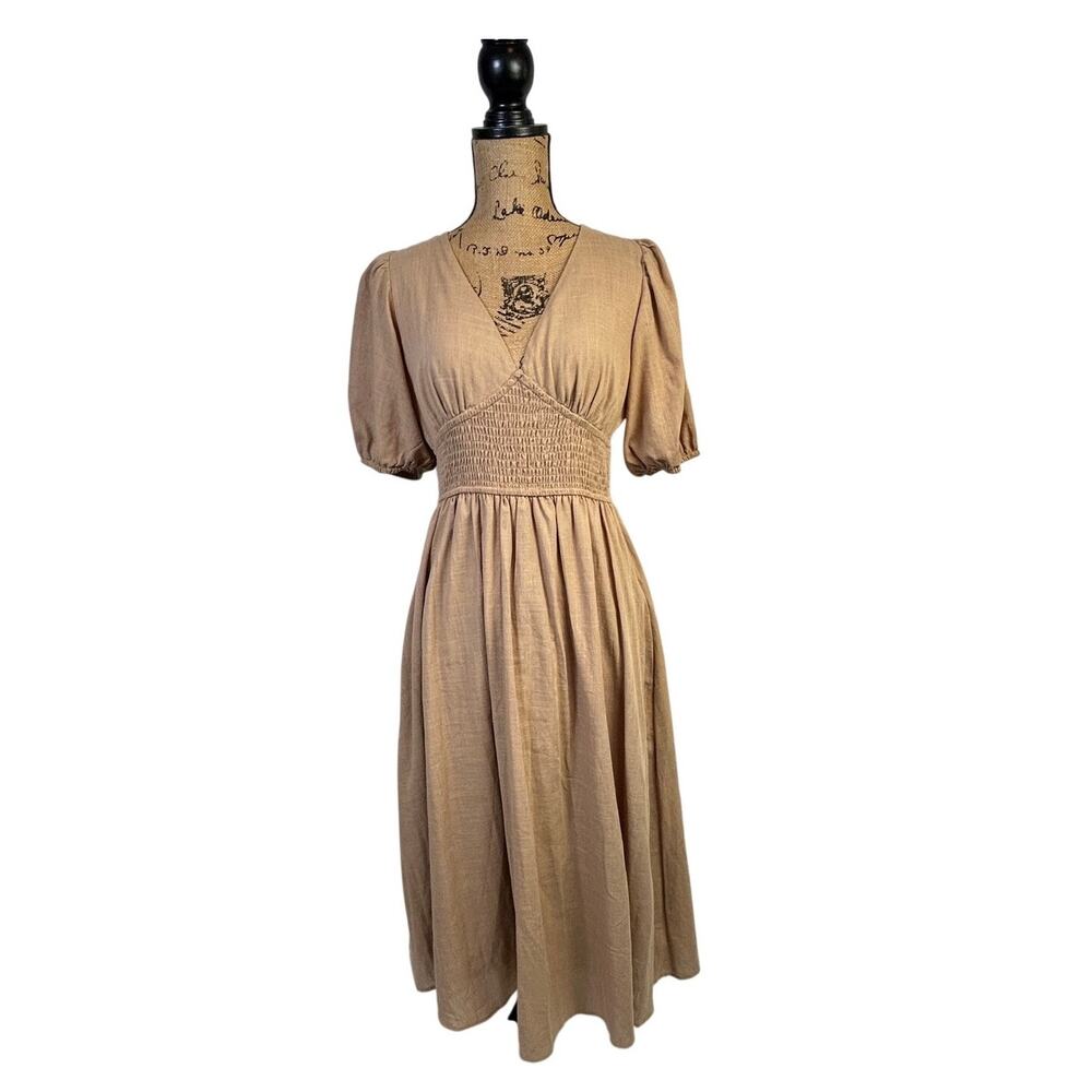 Petal & Pup Ronnie Midi Dress M 100% Cotton Smocked Empire Waist Tan Khaki EUC